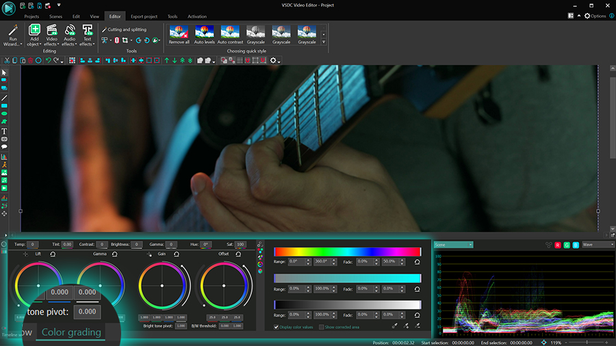 Rodas de cores Lift, Gamma, Gain no VSDC